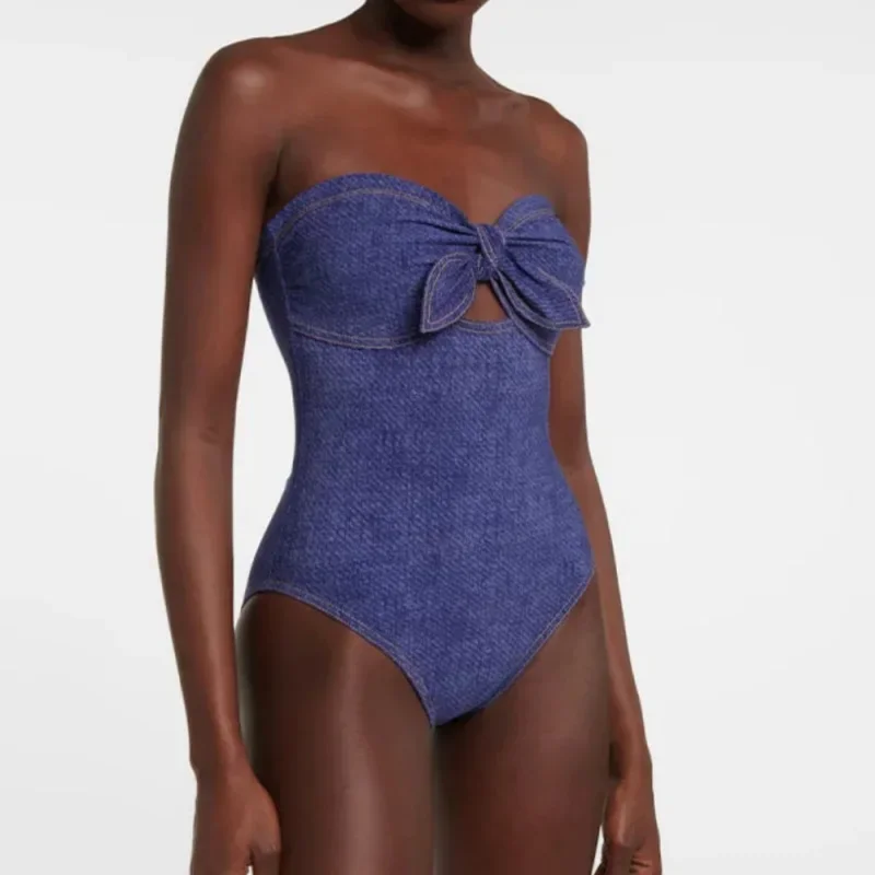 

Hot Sale Of The Season New Butterfly Knot Tube Top Denim One-Piece Swimsuit Women's Cross-Border Popular Swimwear Integrated Des