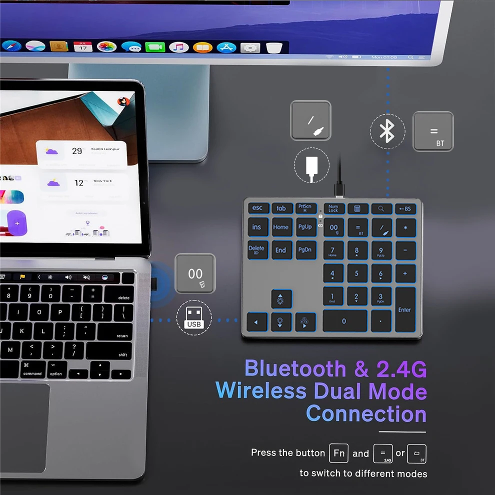 BOW 2.4G Wireless Numeric Keypad Bluetooth Number Keypad for Laptops Tablets Dual Mode Number pad 34 Keys
