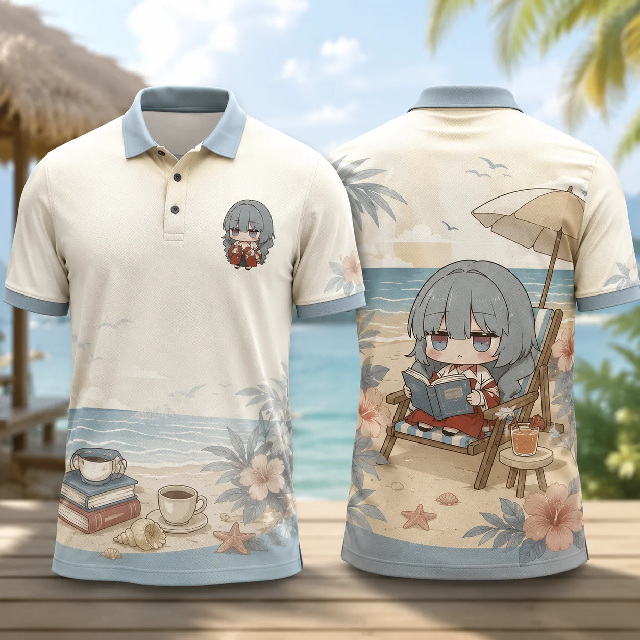 Phrolova Cute Chibi Anime Beach Reading Polo Shirt Kawaii Manga Girl 3D Print Quick Dry Breathable Summer Vacation Casual Top