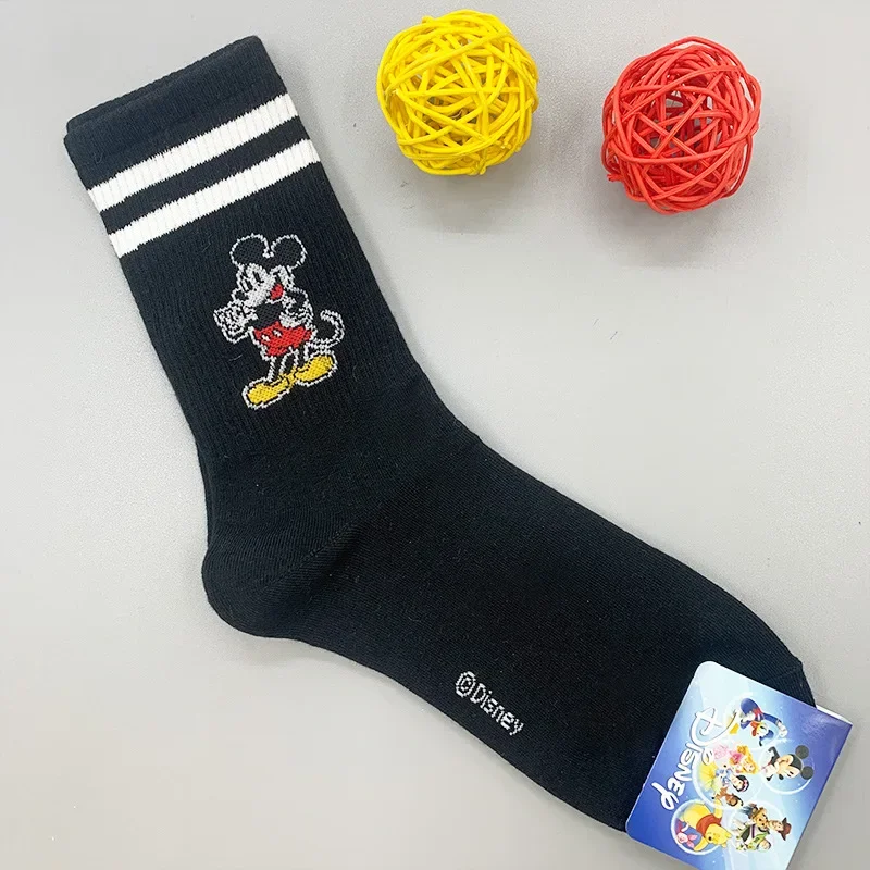 Meias Kawaii Cartoon Mickey algodão para mulheres, listras brancas, tubo médio doce bonito, 1 par