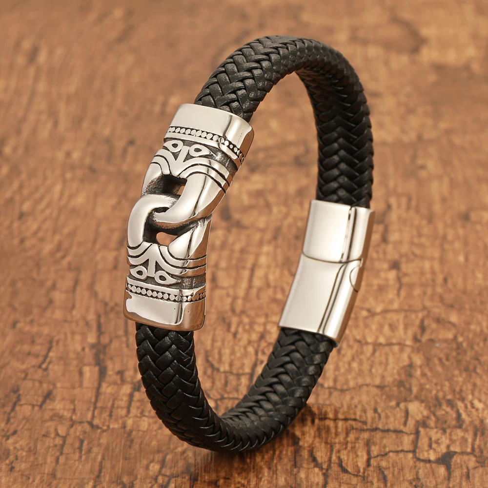 Men's Stainless Steel Cowhide Rope Woven Cross Double Ring Carved Totem Bracelet
