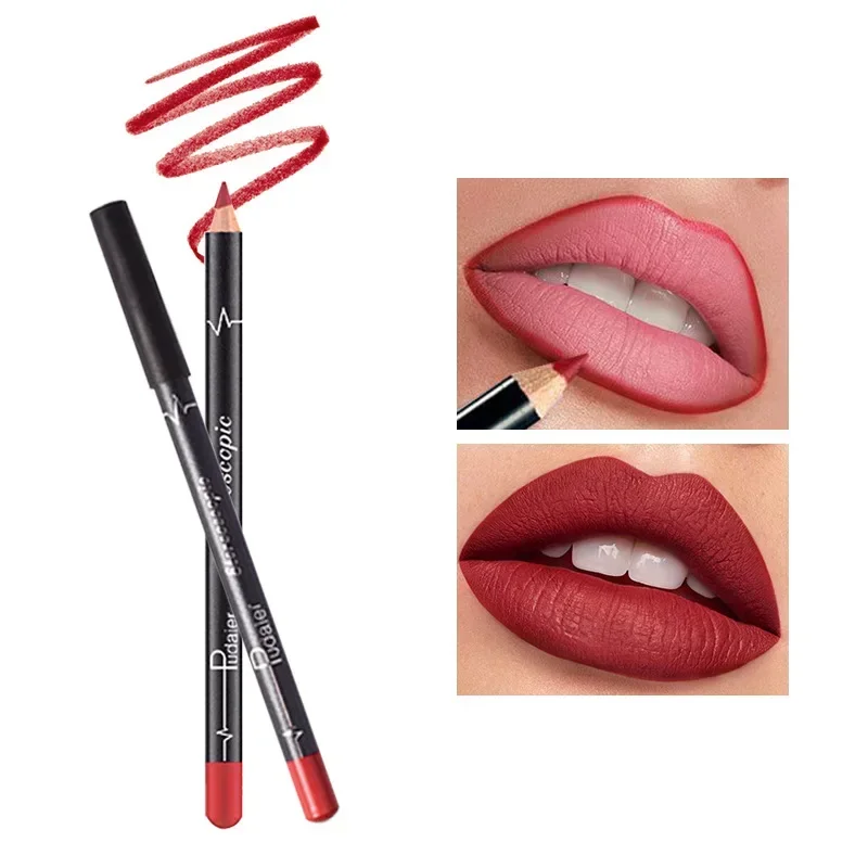 Pudaier 12pcs Lip Liner Pen 12 Colors Waterproof And Sweat-proof Not Easy To Fade Non-stick Cup Nude Lipstick Pencil SET