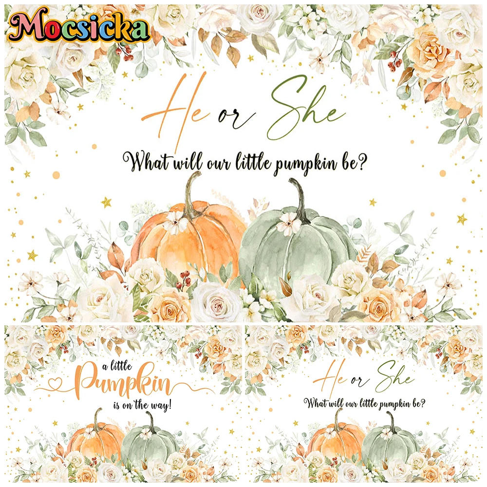 Mocsicka He Or She Backdrop Gender Reveal Green Orange Floral Pumpkin Party Photography Background Girl Boy Fall Baby Photobooth