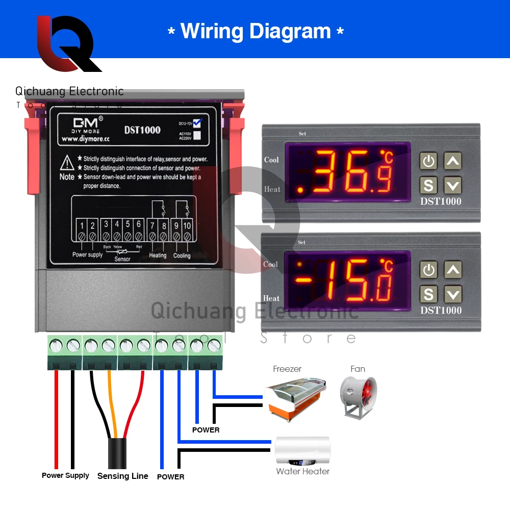 Termostato digital com display led, controlador de temperatura, sensor, incubadora de temperatura, dst1000, dc 12-72v, ac 110v-220v,-50 ~ + 120c