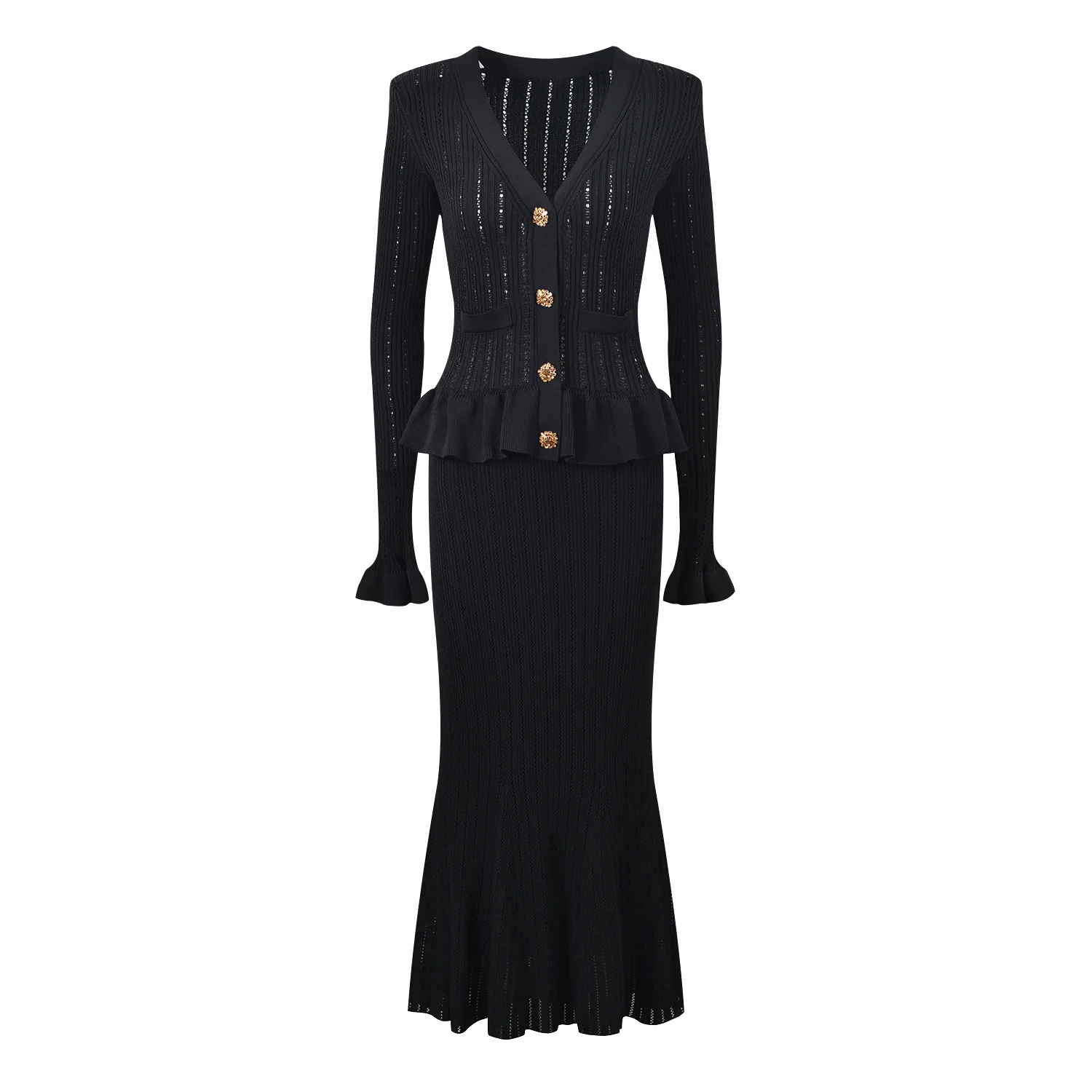 

Knitted ruffled splicing dress black autumn new French socialite V-neck women's long fishtail dress