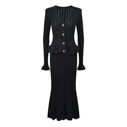 Knitted ruffled splicing dress black autumn new French socialite V-neck women's long fishtail dress