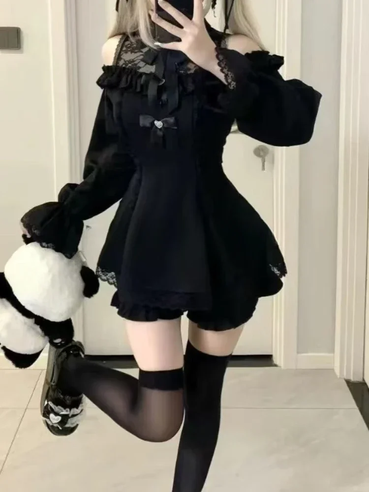 Gótico lolita preto conjunto de duas peças feminino chique vestido de renda + cintura alta shorts finos novo escuro y2k japonês vintage ternos chique