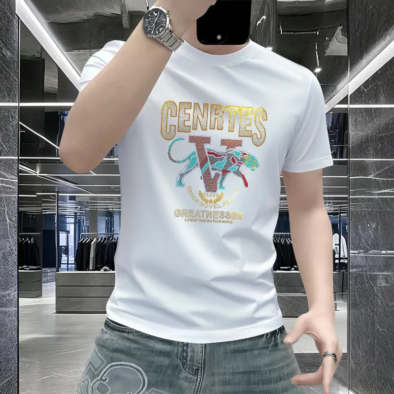 Popular Men T-Shirt Leopard Rhinestone Embroidery Male Tees High End European Style Slim Fit Tops Luxury Brand Male Clothing