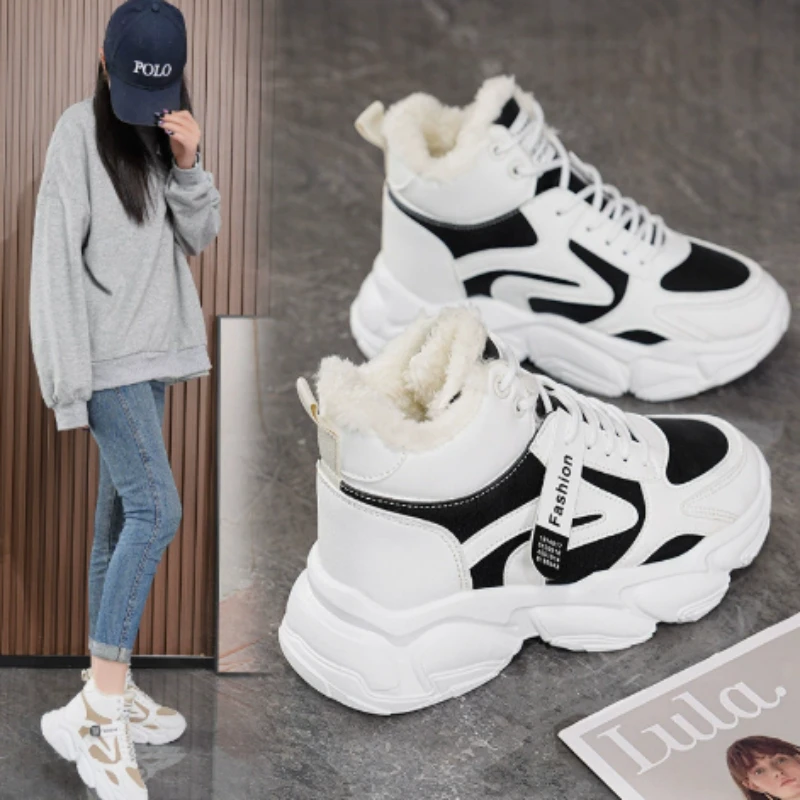 Autumn Winter Women'S Plush Lined Thickened Warm Outdoor Sports Snow Boots Comfortable Thick Sole Cotton Shoes Sneakers Botines