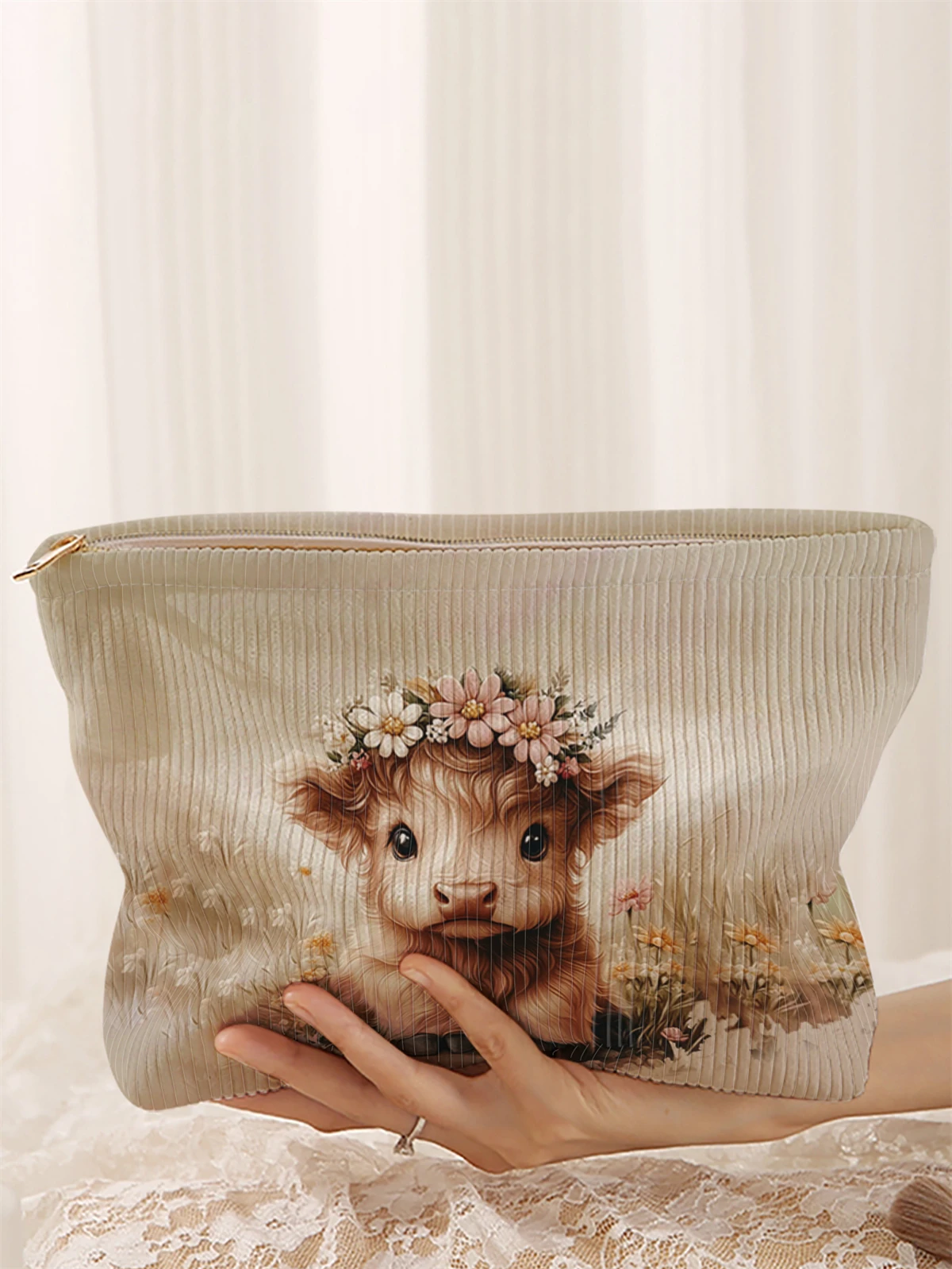 

1pc calf pattern printed corduroy makeup bag, lightweight zipper makeup storage box, multifunctional bag with lining