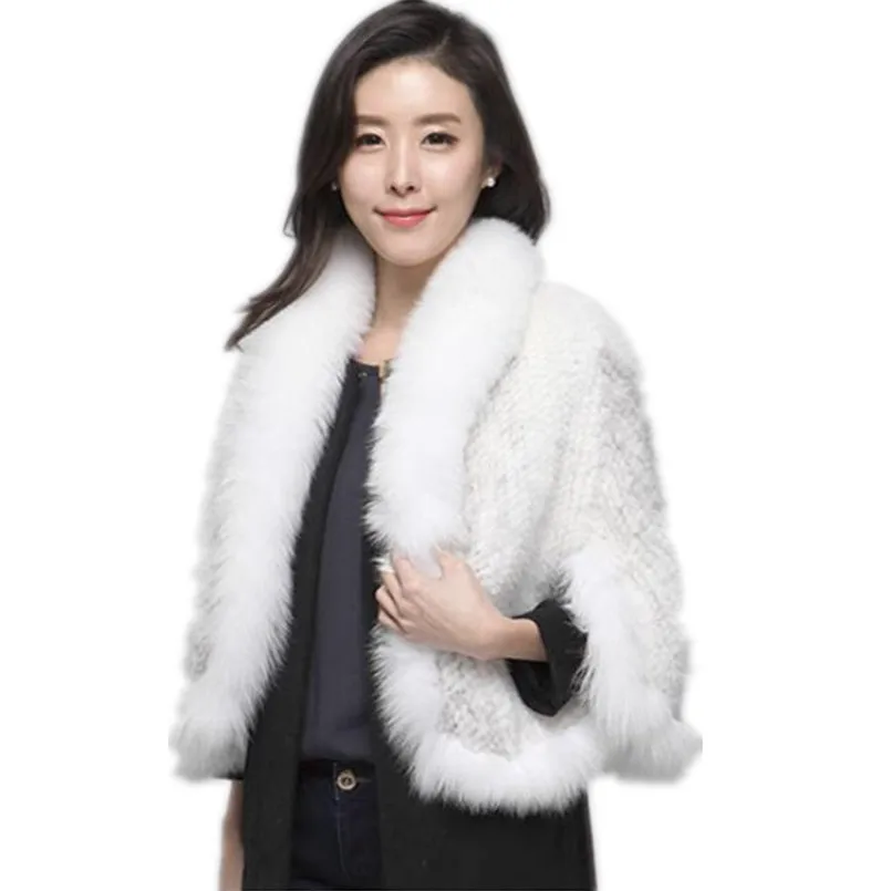 

Genuine Mink Fur Knitted Shawl with Real Fox Fur Collar Women's Fashion Women's Fluffy Jacket