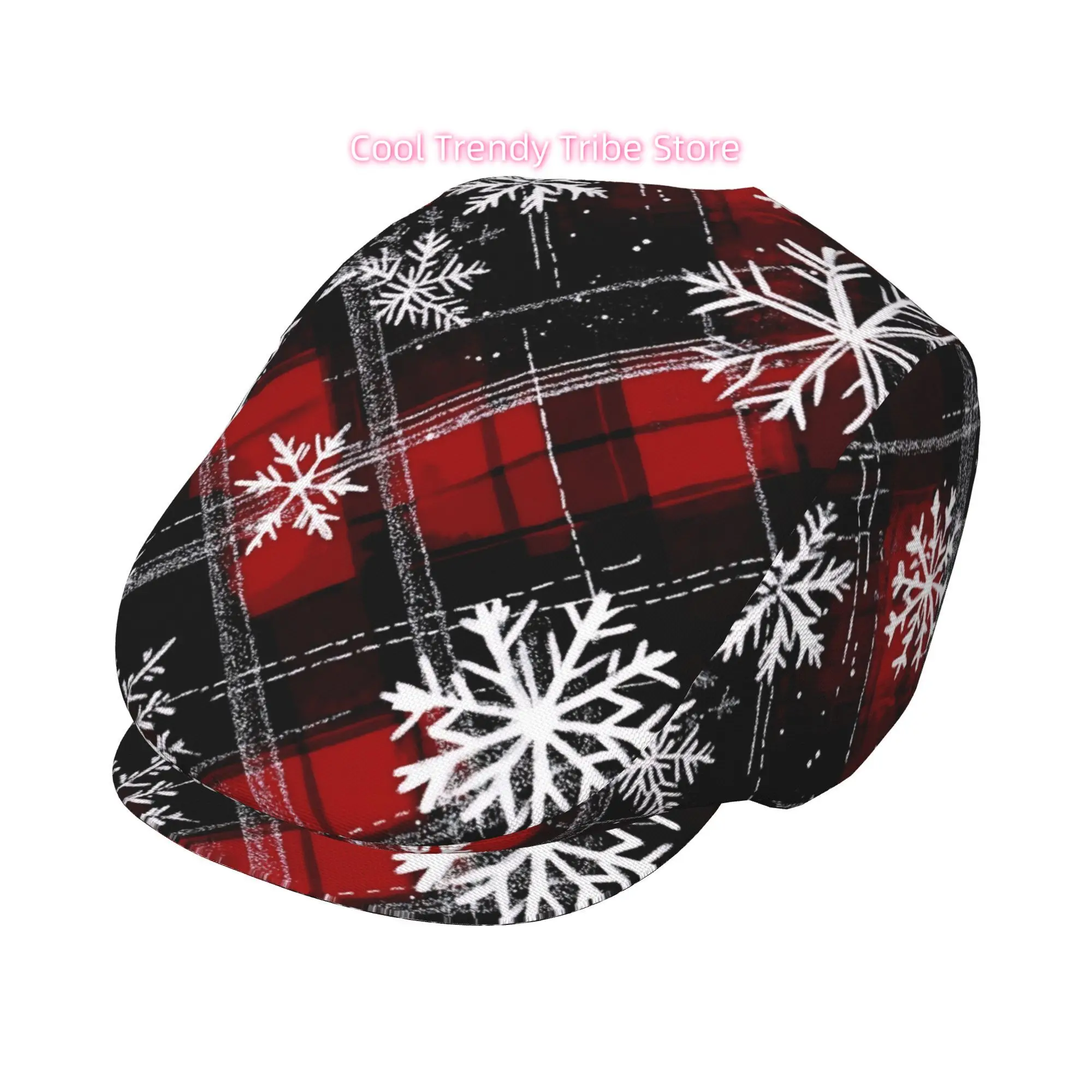 1pc Red and black squares white snowflakes All-over printed beret, retro newsboy cap, unisex, a must-have fashion accessory for