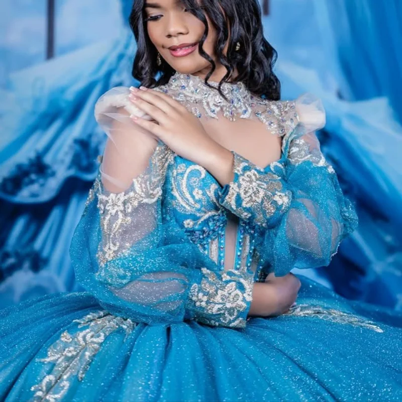 

Shiny Blue Quinceanera Dress off-shoulder Lace crystal glitter decal Long tail vestidos de 15 Quinceanera ﻿Customize