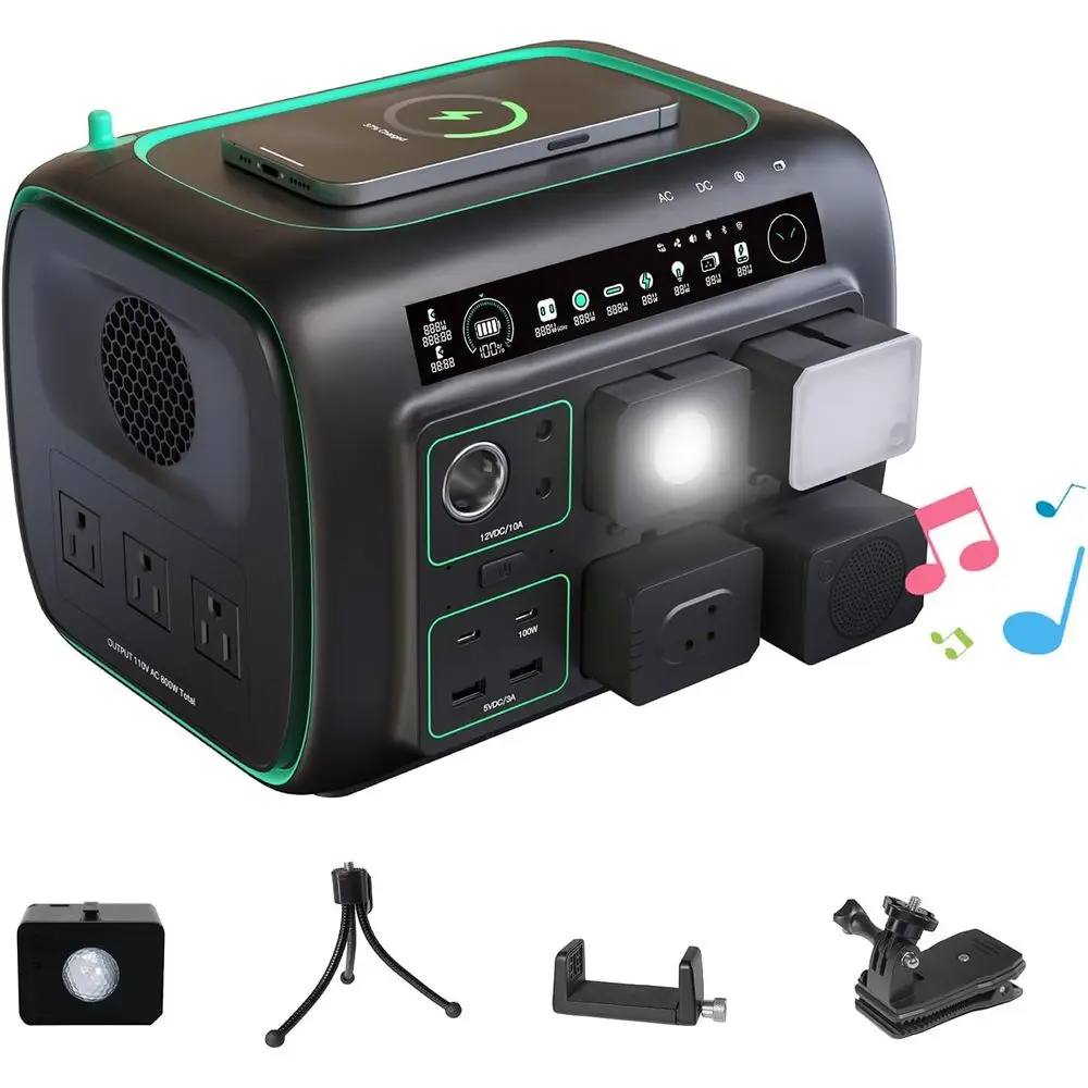 

Portable Power Station, with Snap-on Light, Speaker & Charger, 800W Solar Generator, 512Wh Outdoor Power supply for Camping RV h
