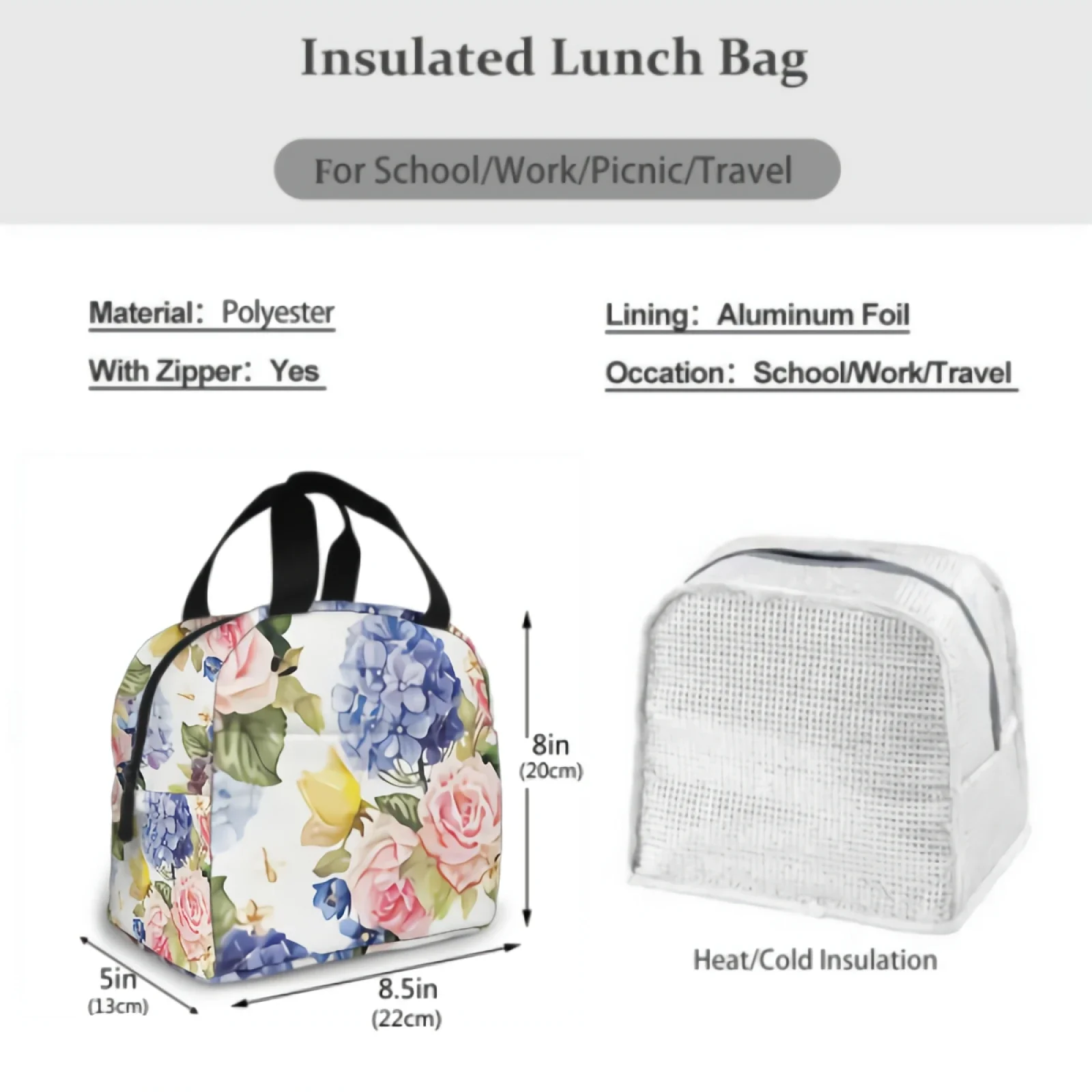 Lunch Bags for Women,Leakproof Insulated Floral Lunch Box with Adjustable Shoulder Strap Reusable Zipper Cooler Tote Bag