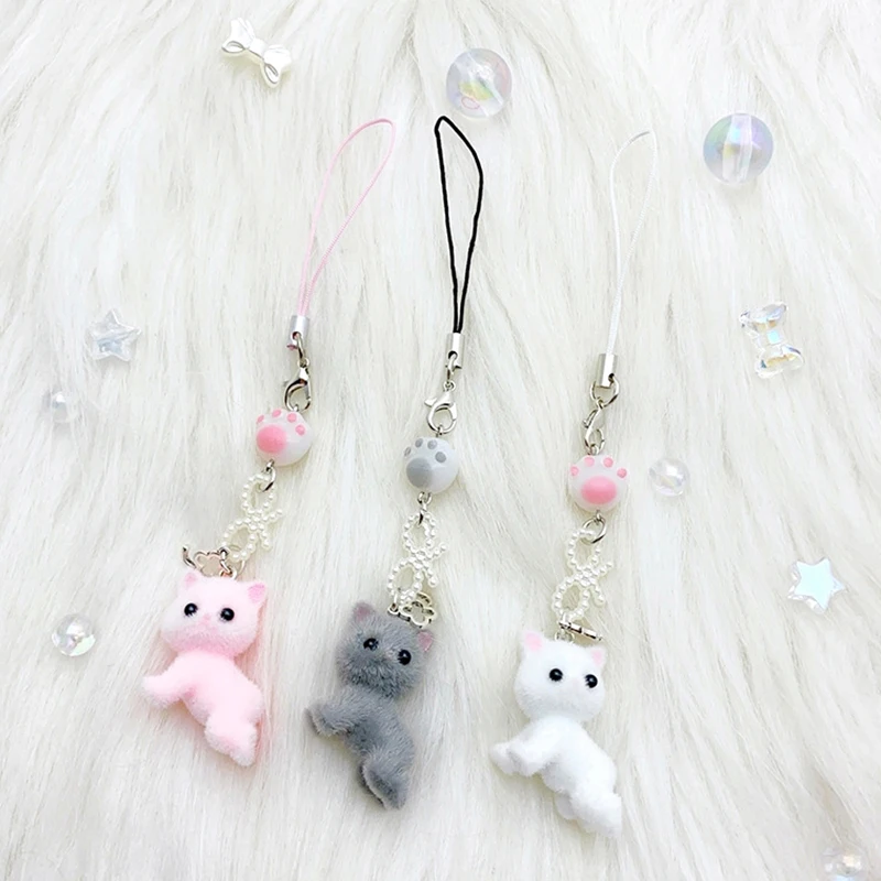 Y2K Cartoon Flocking Cat Mobile Phone Lanyard Cute Cat Phone Chain Keychain Pendant Cell Phone Strap Earphone Camera Chain