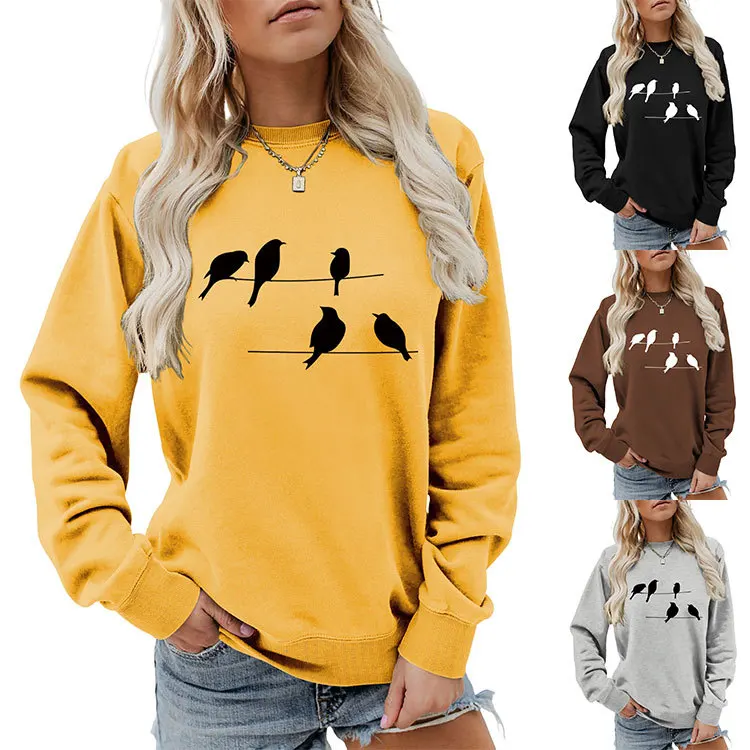 Autumn and winter round neck hoodie five birds printed new loose casual long-sleeved top