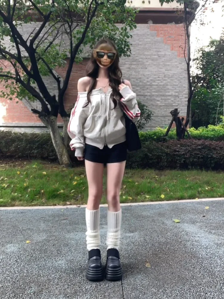 미국 핫걸 지퍼 스웨트셔츠 여성 슬림핏 어깨 노출 캐주얼 아우터웨어 한국 스타일 롱 슬리브 컬러