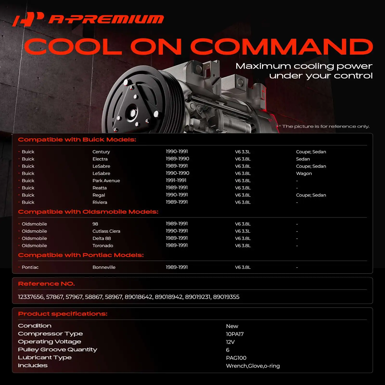 A-Premium AC Compressor with 6-Groove for Buick Regal Century 1990-1991 Reatta LeSabre Riviera 1989-1991 Electra 1989-1990
