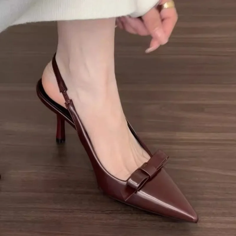Pure Color Pointy High Heels Women's Summer New Retro Bow Thin Heels Back Empty Sandals Fashion Sexy Party Women's Shoes