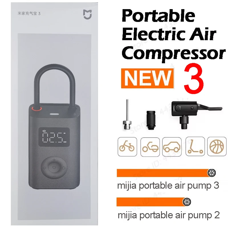 Compressor de ar portátil Xiaomi Mijia 3, bomba de ar elétrica, 150 PSI, inflador de pneus digital, para carros, bicicletas e bolas, com luz LED, inflação rápida.