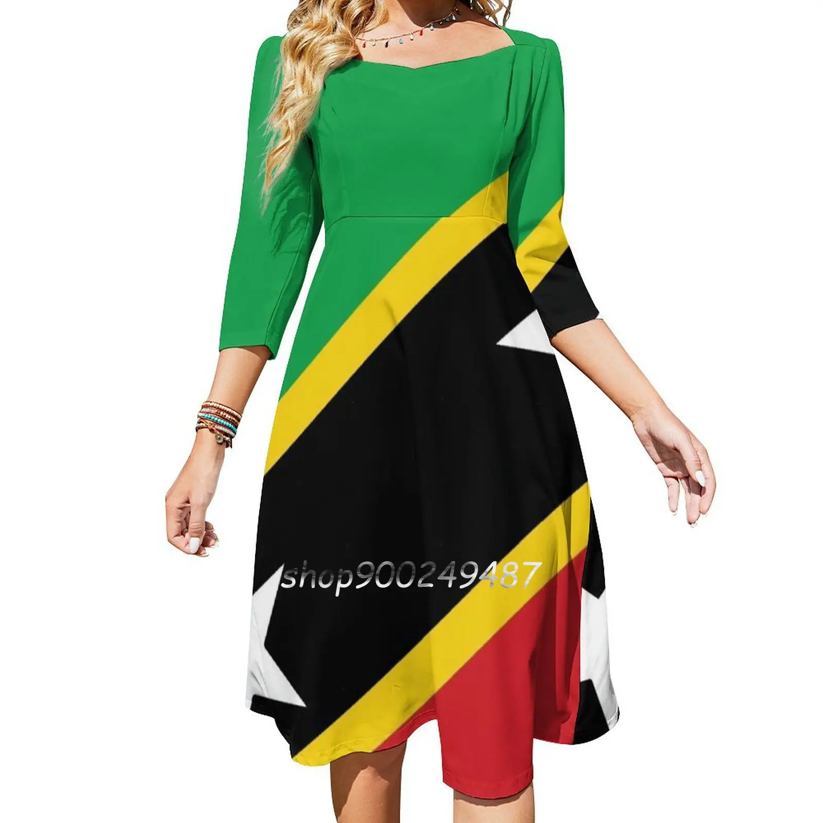 St Kitts And Nevis National Flag Square Neck Dress Sweet Summer Dress Women Elegant Halter Print Dress St Kitts And Nevis St