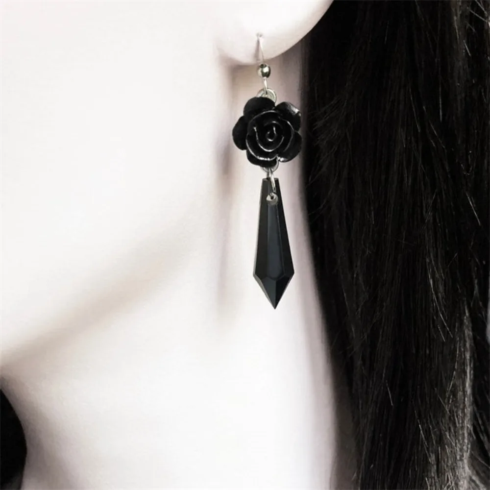 Victoria Black Rose Flower Red Crystal Glass Tear Drops Pendant Dangle Earrings for Women Romantic Gothic Halloween Jewelry