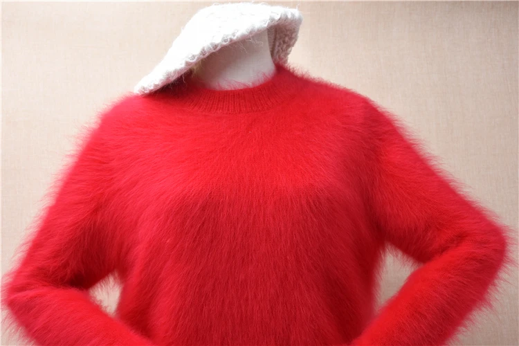 Sweater Mujer Autumn Winter Clothing Red Hairy Mink Cashmere Knitted O-Neck Short Style Cropped Loose Pullover Angora Fur Jumper