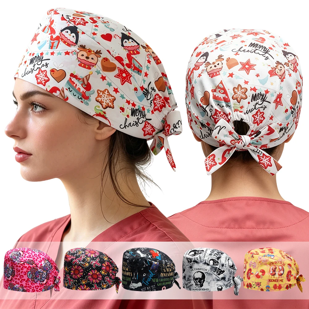 Stretch Pattern Nursing Cap for Women Men Adjustable Long Hairs Doctor Scrub Hat Tooth Pet Clinic Hospital Work Caps M1338