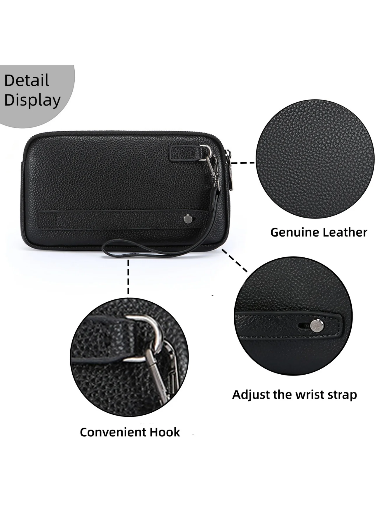 Herren-Clutch-Geldbörse aus echtem Leder, Handtasche mit doppeltem Reißverschluss, großem Fassungsvermögen und 6 Kartenfächern, tragbare Business-Handtasche – Detail 4