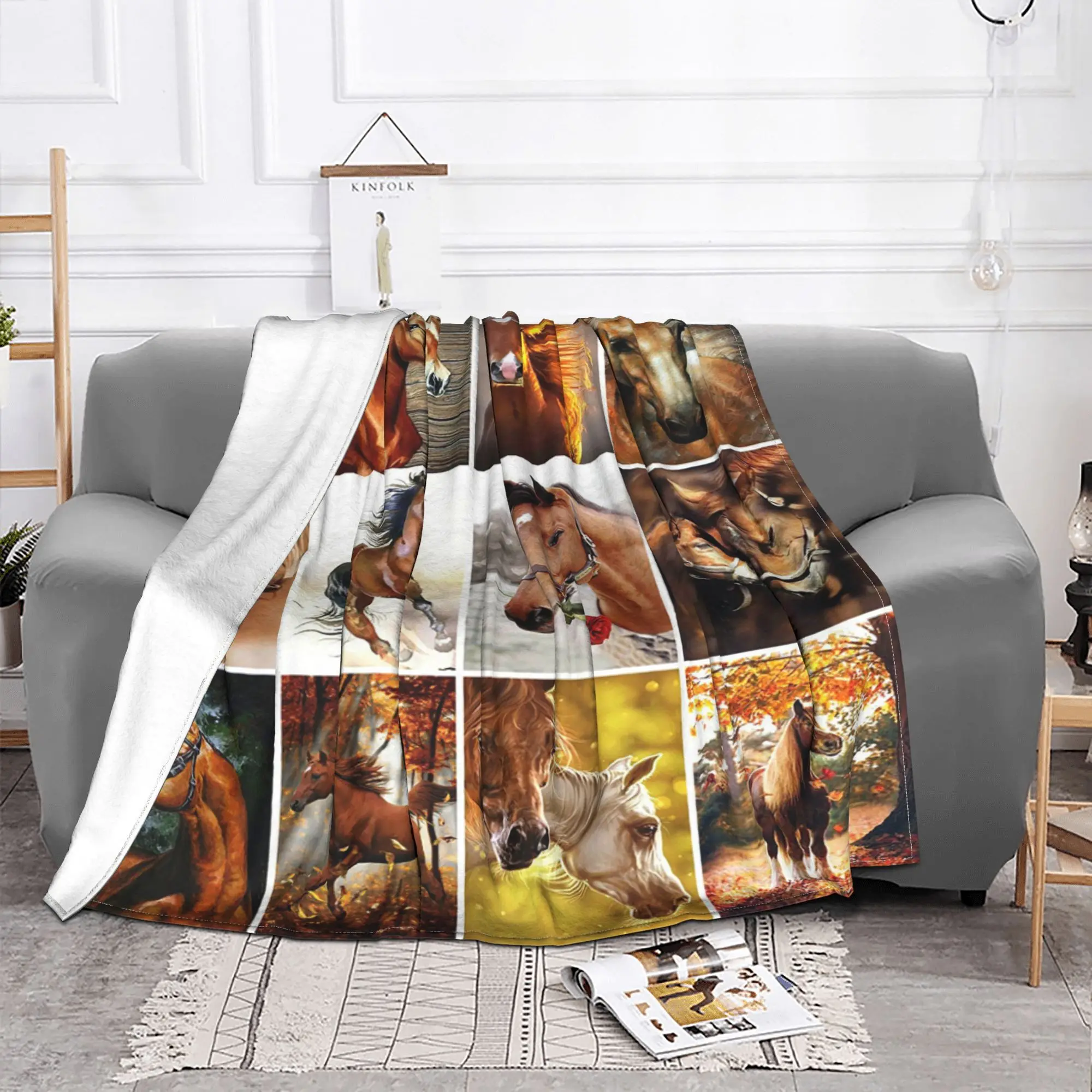 Horse Collage Knitted Blanket Galloping Animal Lovers Flannel Throw Blanket Bed Sofa Personalised Soft Warm Bedspreads