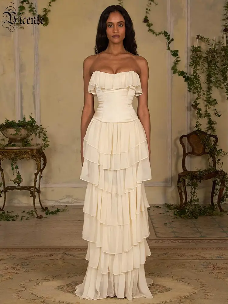 

VC 2026 Strapless Tiered Chiffon 2 Pieces Dress Set for Women Corset Bodice Formal Maxi Dress Elegant Ruffled Layered Prom Set