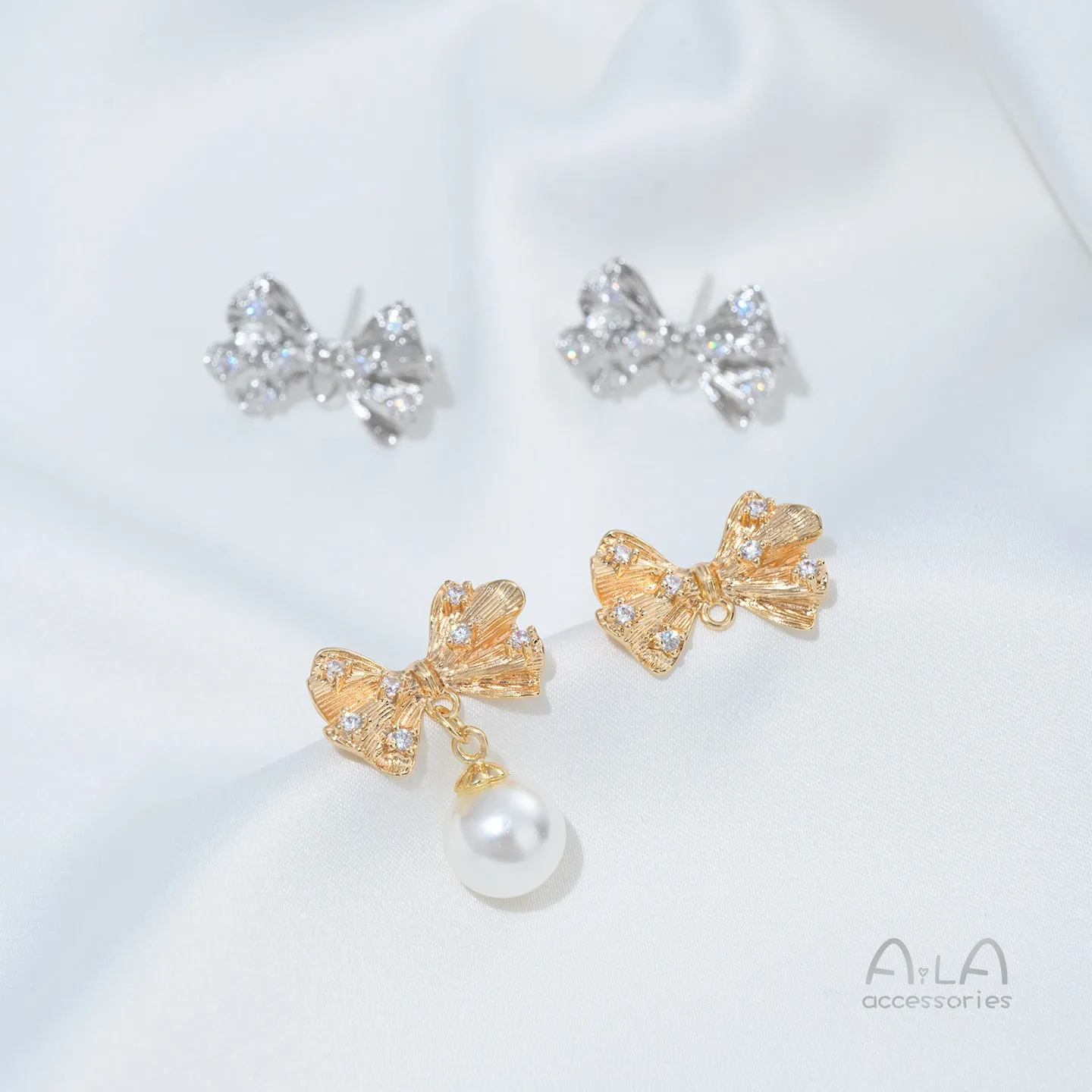 Copper Plated 14K Bag Real Gold Niche Design Feeling Pleated Bow Zircon Stud Earrings Handmade DIY Fashion Temperament Earrings