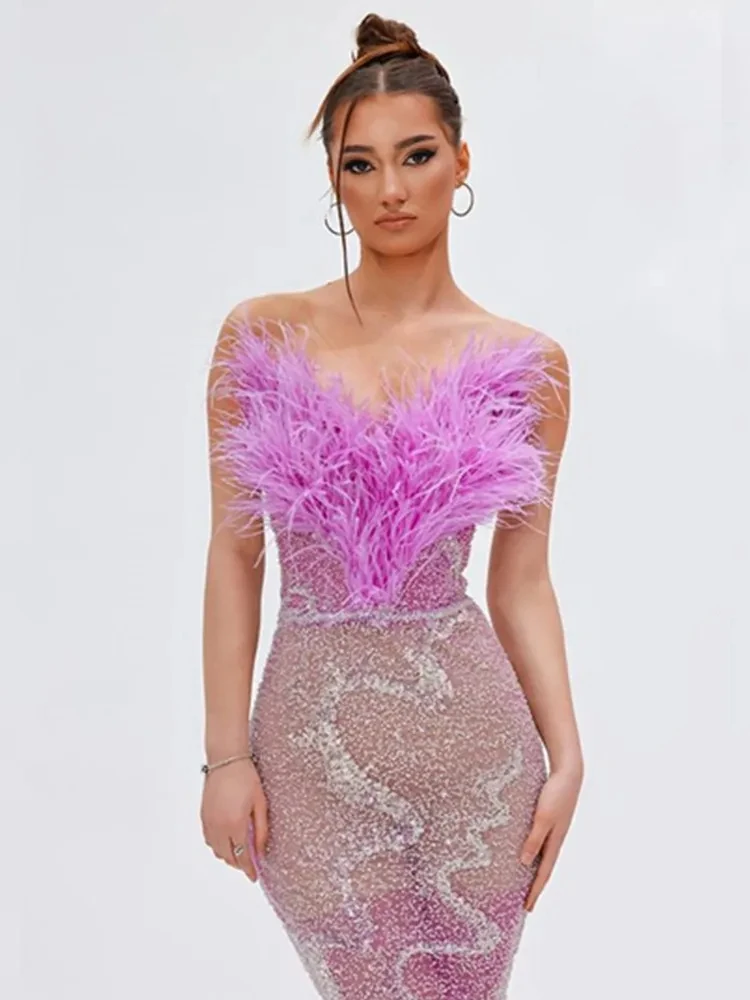 2024 Women Sexy Strapless Feather Sequins Pink Pearl Beading Maxi Long Women Celebrity Dress Evening Stage Performance Dress