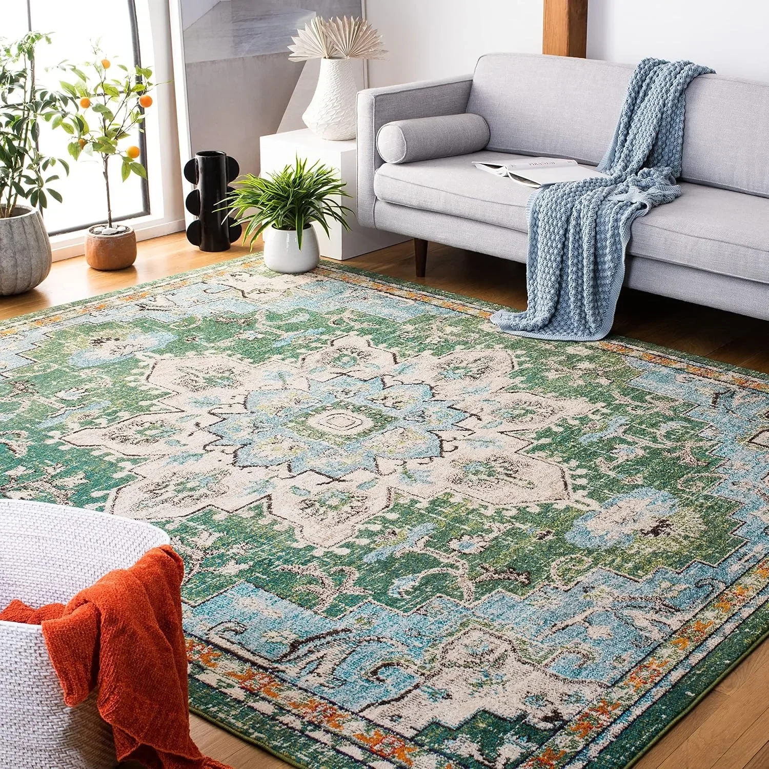 Dywan z kolekcji Madison - 10' x 14', pomarańczowo-turkusowy, Boho Chic Medallion Distressed Design, nie zrzucająca i łatwa w pielęgnacji, idealny