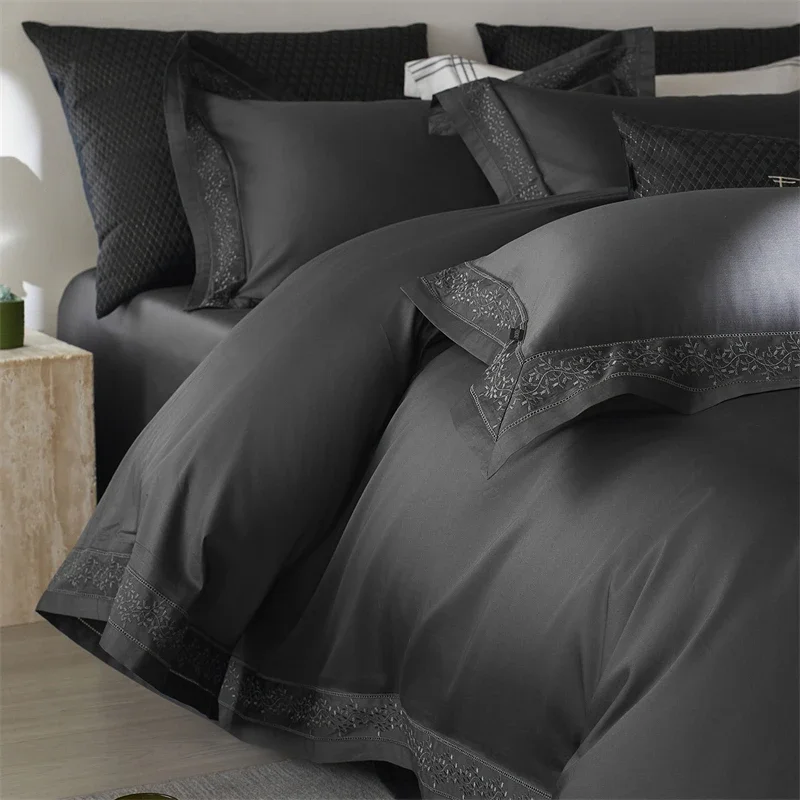 1000TC Egyptian Cotton Wide Edge Embroidery Solid Color Luxury Bedding Set Duvet Cover Flat/Fitted Bed Sheet Pillowcases 4Pcs