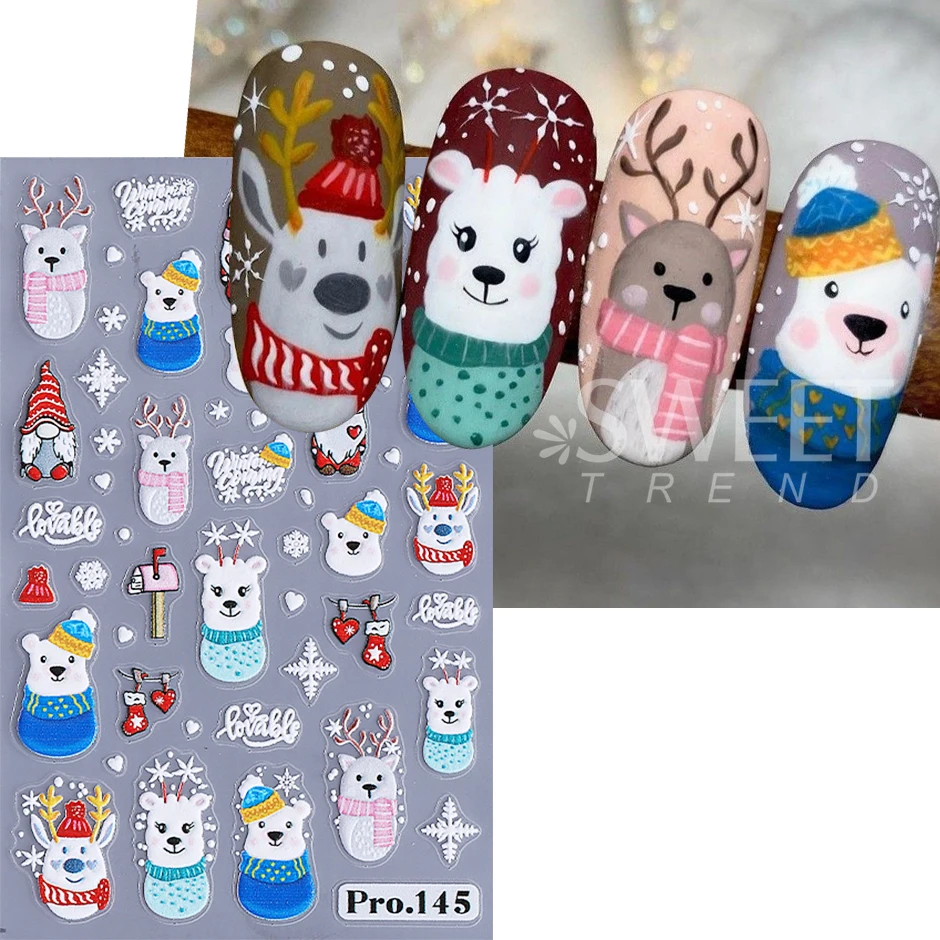 2/4 pezzi in rilievo Natale Babbo Natale adesivi per unghie carino pupazzo di neve maglione alce orso agrifoglio decalcomanie per unghie vacanza manicure decorazione