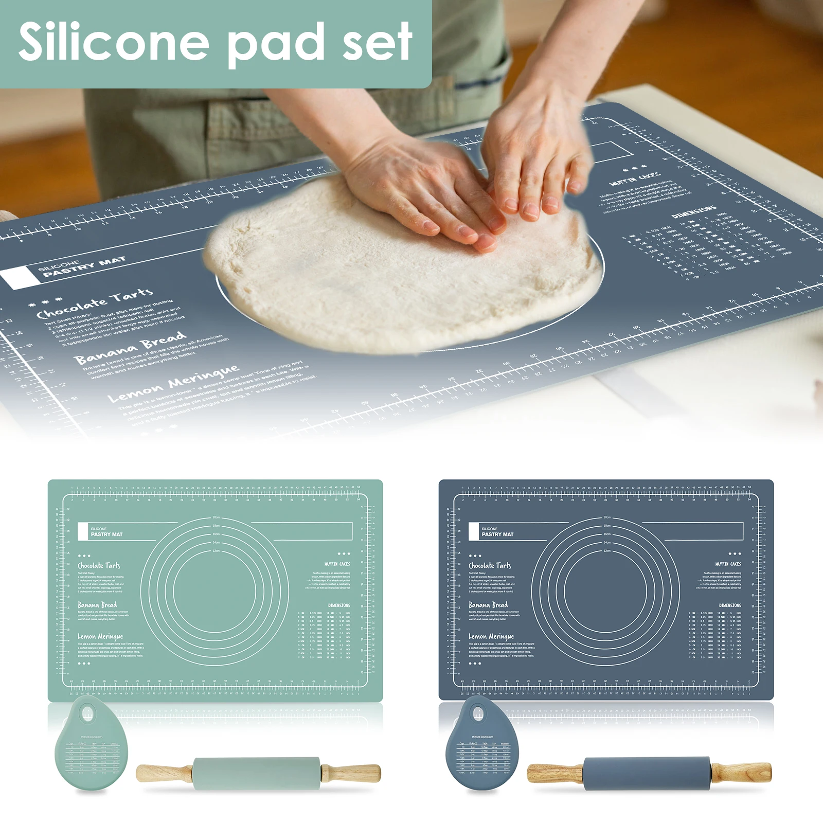 

Silicone Baking Mat Set with Rolling Pin and Dough Scraper Heat Resistant Silicone Pastry Pad Nonstick Rectangular Cookie Mat