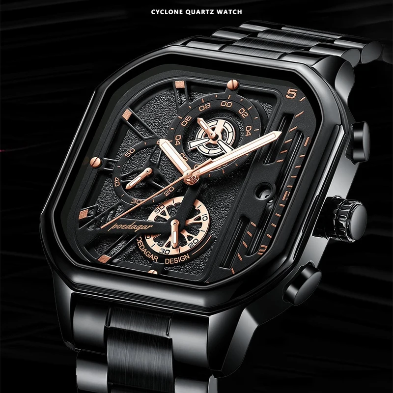 POEDAGAR Sports Chronograph Quartz Watch for Men Stainless Steel Waterproof Luminous Date Mens Watches Top Brand Luxury Clock