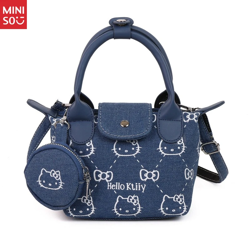 Miniso Denim Kitten Print Bag 2025, Cute Dumpling Hobo Purse with Crossbody Strap