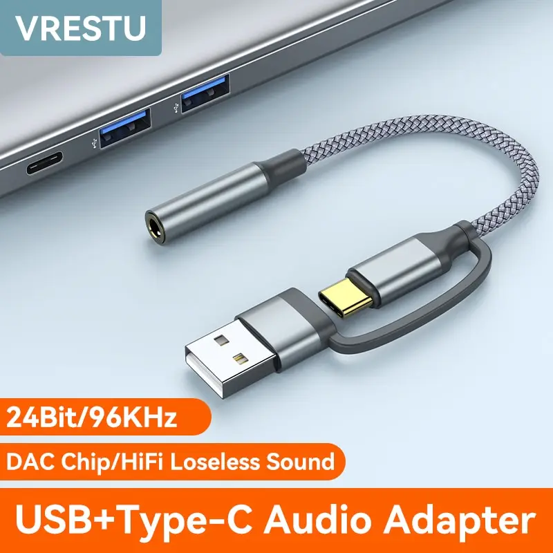 2 in 1 USB to 3.5mm Jack External Sound Card Jack 3.5mm USB C Audio Adapter Convertor for PC Computer Laptop PS5 Samsung Xiaomi