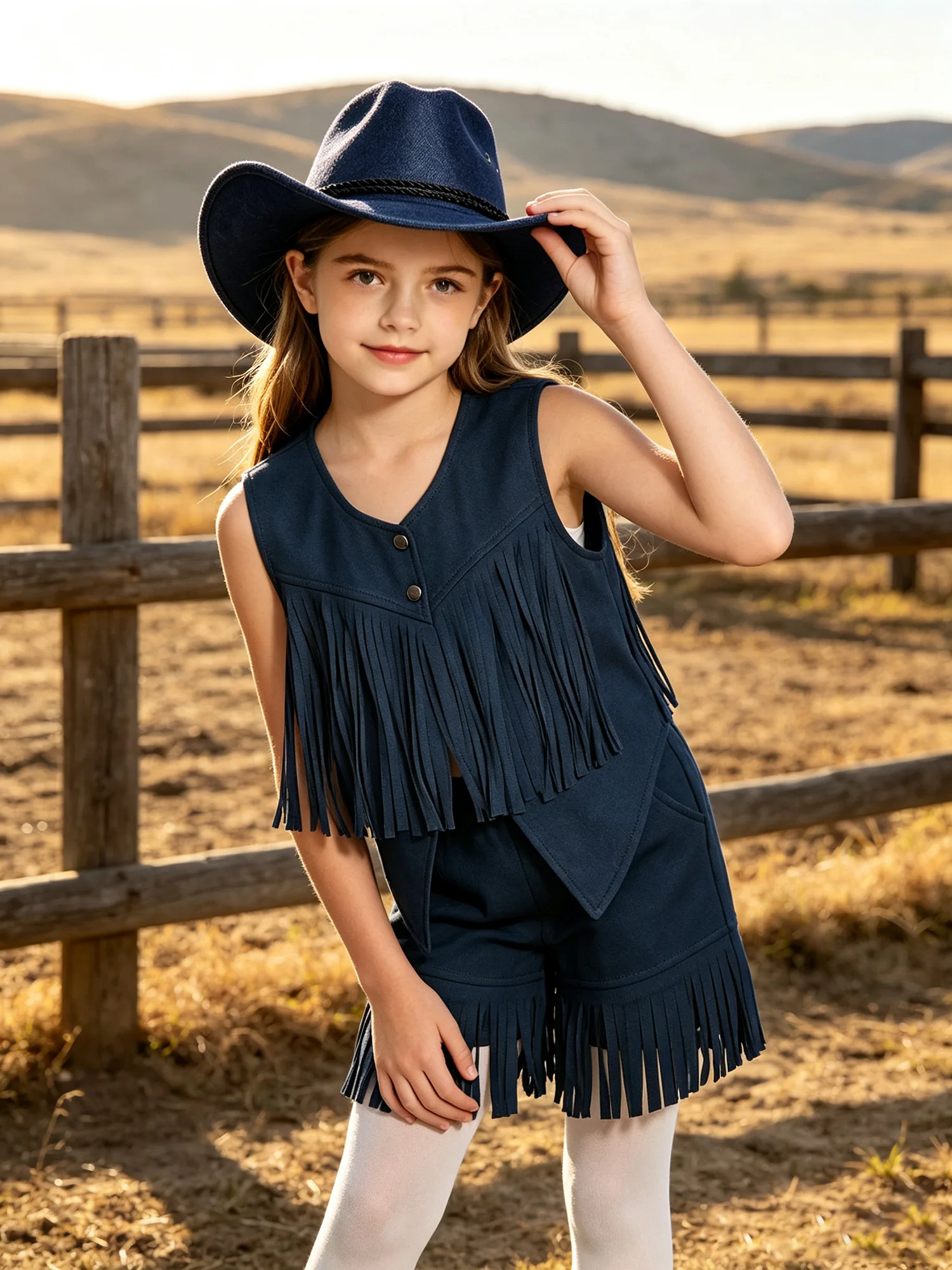 Children Faux Suede Cowgirl Outfits Kids Girls Boys Western Cowboy Costume Sleeveless Fringe Vest Shorts for Halloween Party
