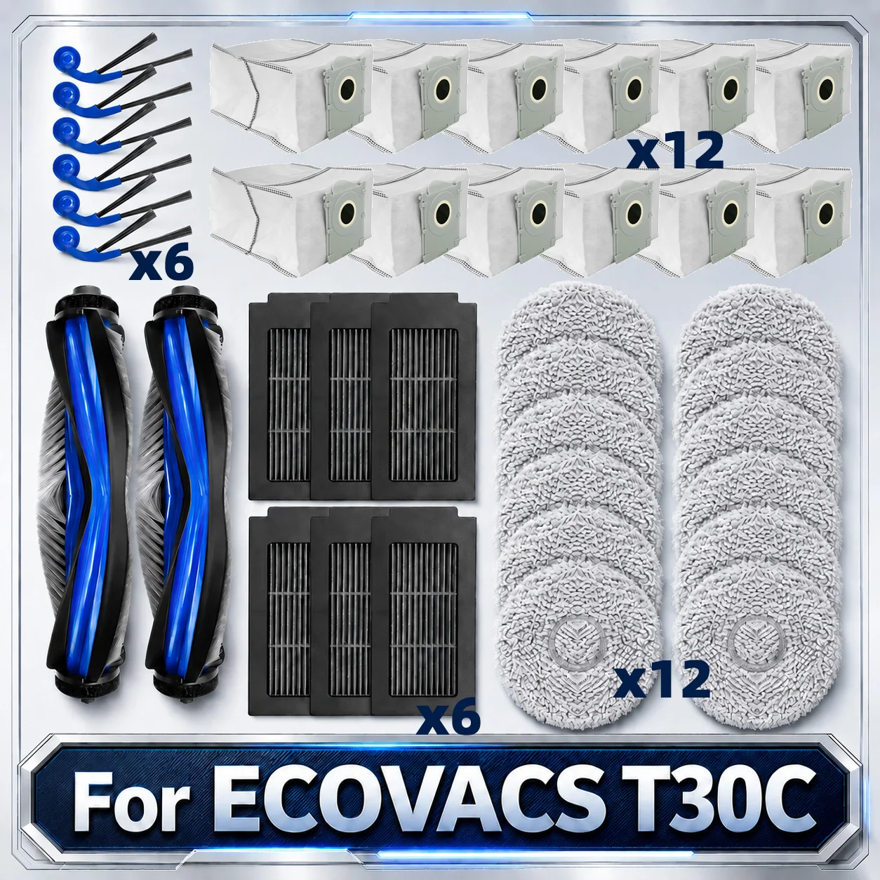 Kompatibel für ECOVACS T30C / T30C OMNI / T30C PRO OMNI Hauptseitenbürste Filter Mopp Pad Staubbeutel Ersatzteile Zubehör