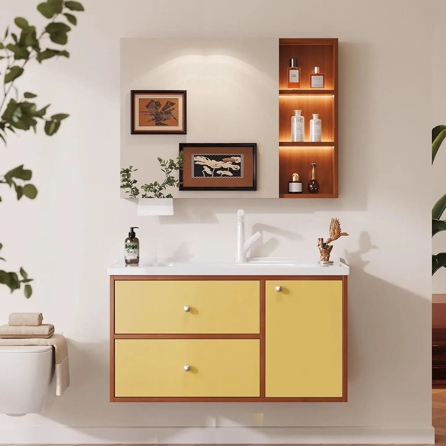 Modern New Chinese Bathroom Vanity Ginger Yellow Two-tone Design Integrated Ceramic Wash Basin Cabinet for Home Use