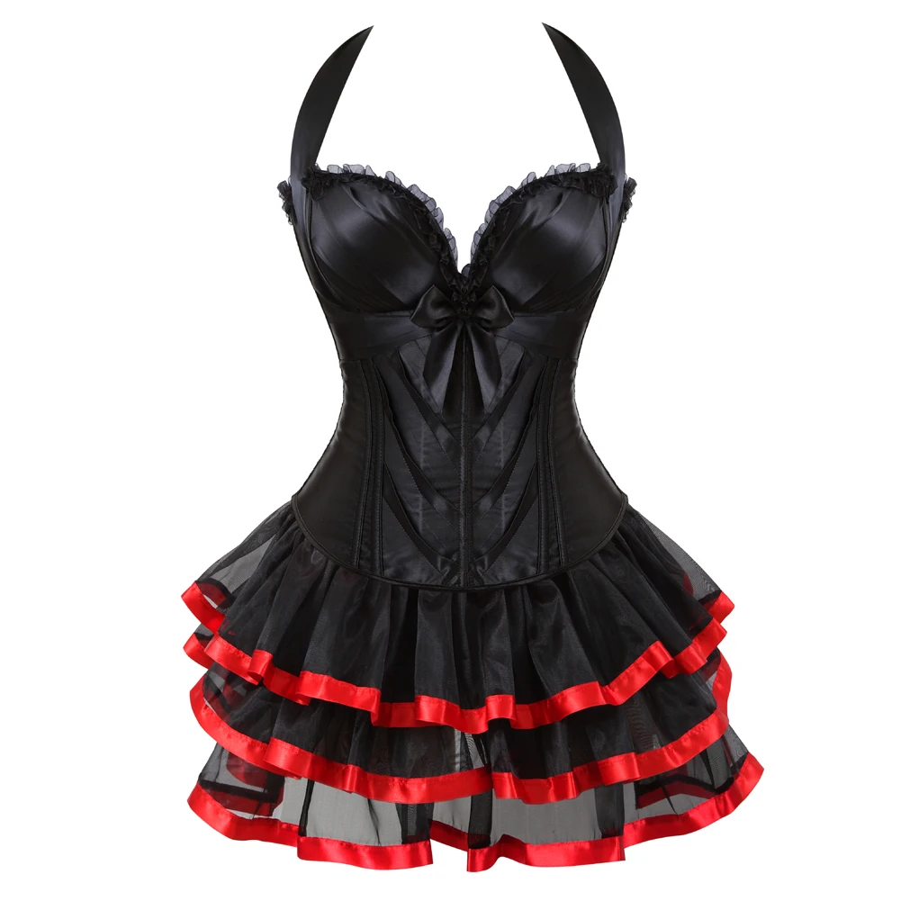 Sexy Women Gothic Satin Corset Top With Strap Cup Zipper Bustier Lingerie Mini Tutu Skirt Victorian Party Costumes Plus Size