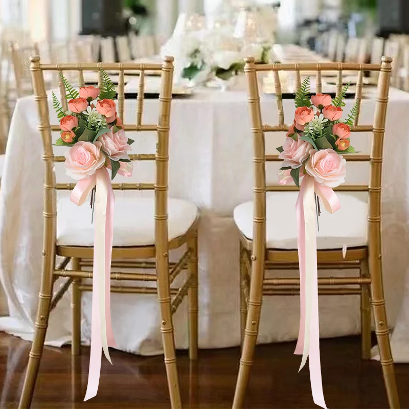 Chair Artificial Champagne Rose Bouquet Ties Banquet Seat Knot Cover For Hotel Church Car Outdoor Wedding Decoration Supplies