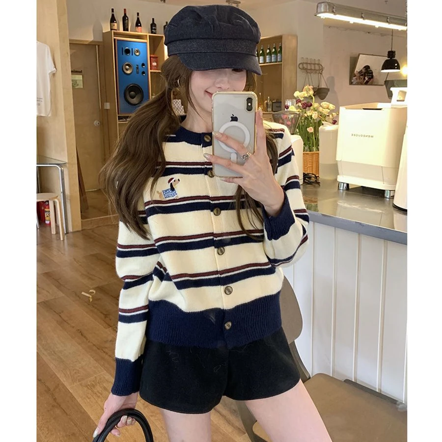 

Color Block Striped Knitted Cardigan Women Short Style Coat Dog Printed Top Sweater