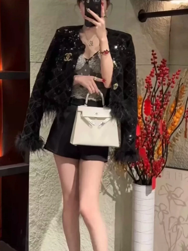2026 Autumn Jacket Ostrich Feather Cuff Sequin Plaid Light Luxury Short Outerwear Blouse Women Elegant Chic Refined Glossy Skirt