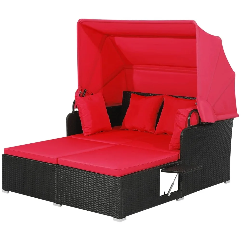 Outdoor Hand-woven PE Rattan Lounge Chair, with Retractable Awning and 2 Side Tables, Customizable