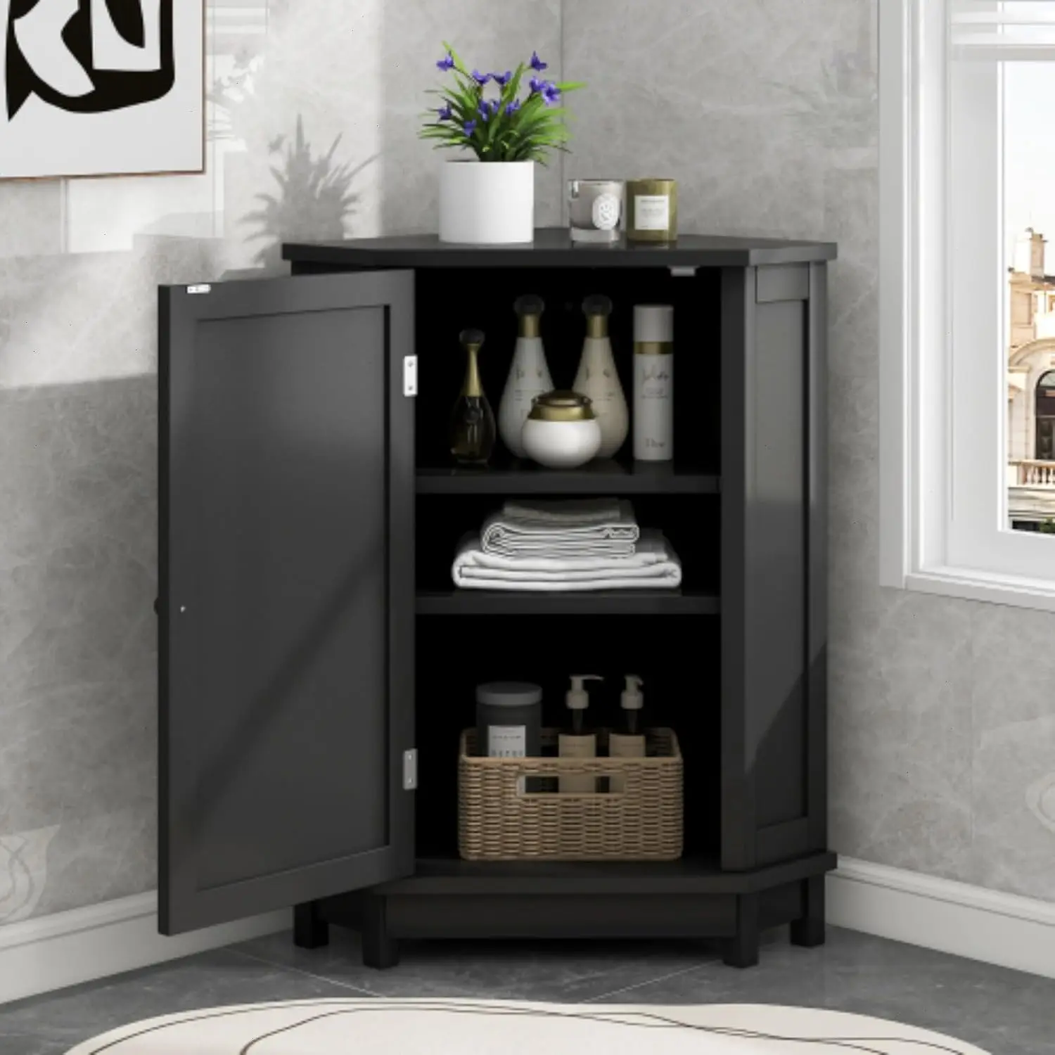Corner Storage Cabinet Triangle Floor Wood Freestanding with Door & Shelves Bathroom Organizer 60cm, Customized
